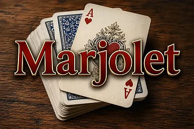 deck of cards on a wooden table with the word "Marjolet" superimposed over it