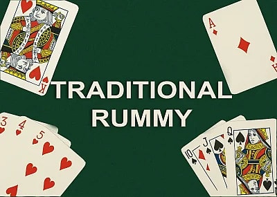 An overhead graphic titled TRADITIONAL RUMMY in bold white capital letters set against a textured dark green background, reminiscent of a felt card table. The image features four groups of playing cards fanned out in each corner: the top-left shows a King of Hearts, the top-right displays an Ace of Diamonds, the bottom-left features a suited sequence of the 3, 4, and 5 of Hearts, and the bottom-right shows a partial run of the 10 of Spades, Jack of Diamonds, and Queen of Spades. The layout effectively illustrates the concepts of "sets" and "runs" used in classic card gaming.