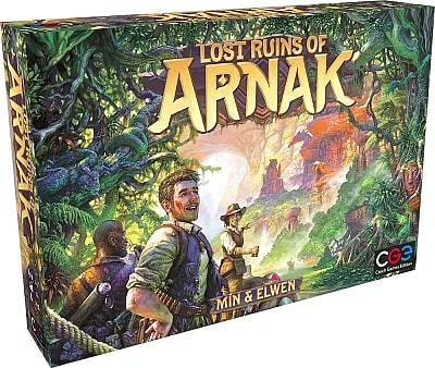 The box features the title LOST RUINS OF ARNAK prominently, along with the names of the designers, MIN & ELWEN, and the publisher's logo, CGE (Czech Games Edition). The artwork shows adventurers in a lush, dense jungle setting with ancient ruins in the background.
