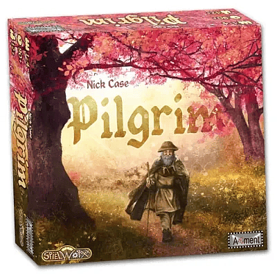 The image displays the box art for the board game Pilgrim, designed by Nick Case and published by Spielworxx and A-Muse-Ment, as indicated by the logos on the box. This is a medium-heavy Eurogame for 1 to 4 players, set in a provincial 14th-century abbey, where players take on the roles of abbots and abbesses. The gameplay is noted for its high-strategy, zero-randomness design over 26 rounds, featuring a unique Mancala-movement mechanism for distributing acolytes across duties to determine actions, and an 18xx-style tile development on the map board used to build trade routes for revenue and pilgrim trails for endgame points. The beautiful box art features an old pilgrim with a staff walking down a path beneath trees with vibrant pink and red leaves.