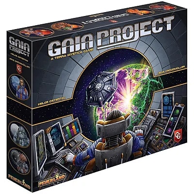 A high-angle view of the box art for the board game Gaia Project: A Terra Mystica Game, showing a figure in a high-tech control room steering a spaceship toward a glowing green and purple planet. The title is prominent in silver lettering.