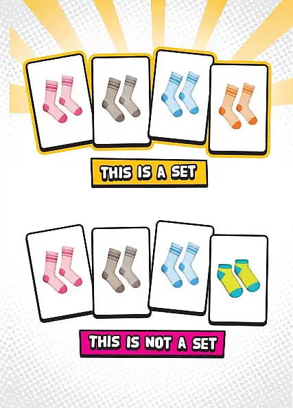 graphic illustrating what is considered a set and what is not a set in the card game Piles!