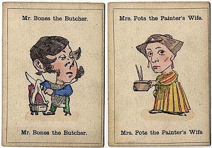 Happy families British card game showing two cards, Mr. Bones the butcher, and Mrs. Pots the Painters wife.