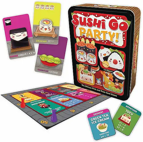 Sushi Go! Party card game box and cards and game board
