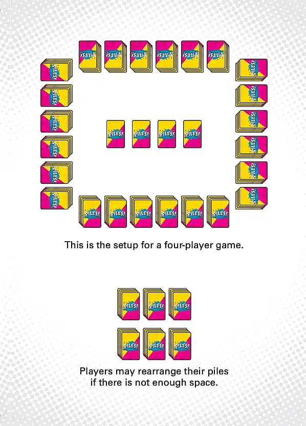 graphic illustrating the correct setup for a 4-player game of Piles! the card game