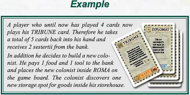 This image shows an Example section from the rulebook of the board game Concordia, demonstrating the use of the Tribune card. The accompanying text explains a scenario: "A player who until now has played 4 cards now plays his TRIBUNE card. Therefore he takes a total of 5 cards back into his hand and receives 2 sestertii from the bank. In addition he decides to build a new colonist. He pays 1 food and 1 tool to the bank and places the new colonist inside ROMA on the game board. The colonist discovers one new storage spot for goods inside his storehouse." The image also includes a picture of the TRIBUNE card and the DIPLOMAT card.