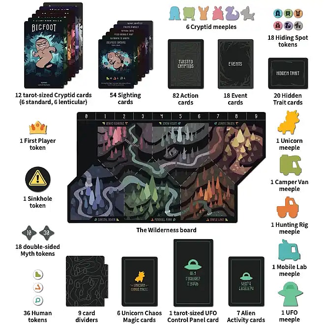 components list illustration for twisted cryptids board game