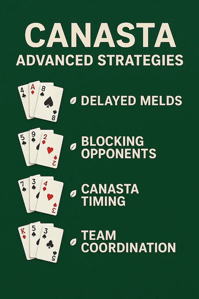Canasta advanced strategies infographic showing delayed melds, blocking opponents, canasta timing, team coordination.