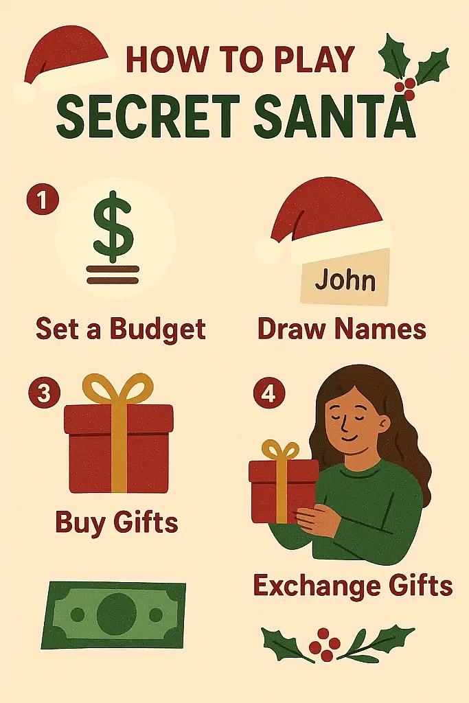A simple, four-step guide titled 'HOW TO PLAY SECRET SANTA' on a beige background with a festive, retro-style illustration. The four steps are numbered and illustrated: 1. Set a Budget (illustrated by a dollar sign and a coin/chip), 2. Draw Names (illustrated by a name tag reading 'John' under a Santa hat), 3. Buy Gifts (illustrated by a wrapped red gift box and a dollar bill), and 4. Exchange Gifts (illustrated by a smiling woman in a green sweater holding a wrapped gift). The image is decorated with small illustrations of Santa hats, holly, and berries.