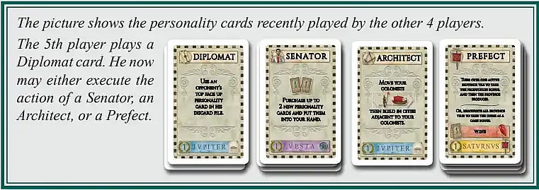 This image illustrates an action in a board game where the 5th player plays a Diplomat card, which allows them to execute the action of one of the personality cards recently played by the other four players. The image displays the four cards the 5th player can choose from: a Diplomat (allowing the use of an opponent's top face-up personality card in their discard pile), a Senator (allowing the purchase of up to two new personality cards), an Architect (allowing a player to move their colonists and then build in cities adjacent to them), and a Prefect (allowing a player to choose a province to produce goods or take a cash bonus).