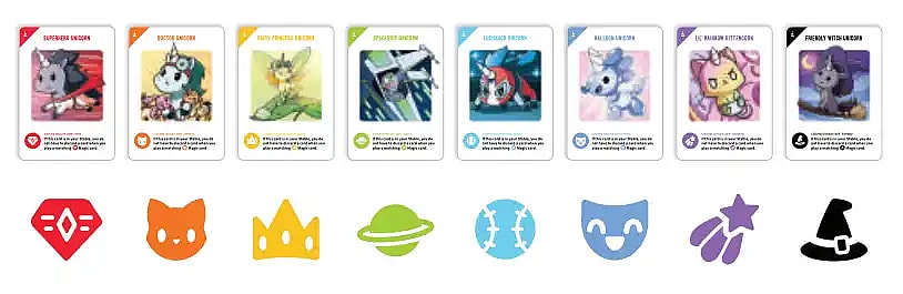game rules illustration showing the effects and symbols of colorful unicorn cards from the card game unstable unicorns for kids