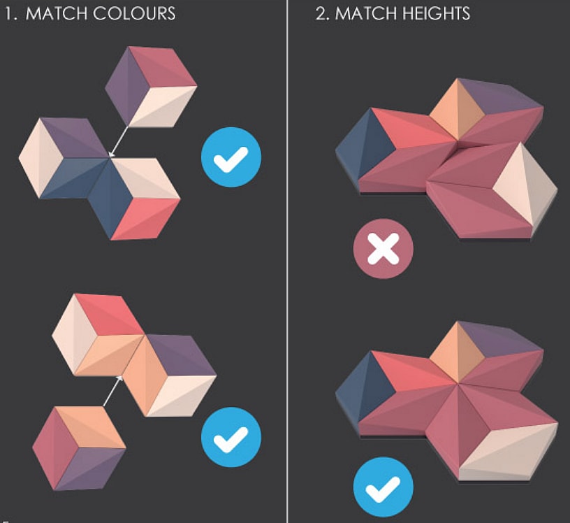 illustration showing how to play CUBED next level dominoes board game. You can play by wither matching colours or matching heights and piece examples are given.