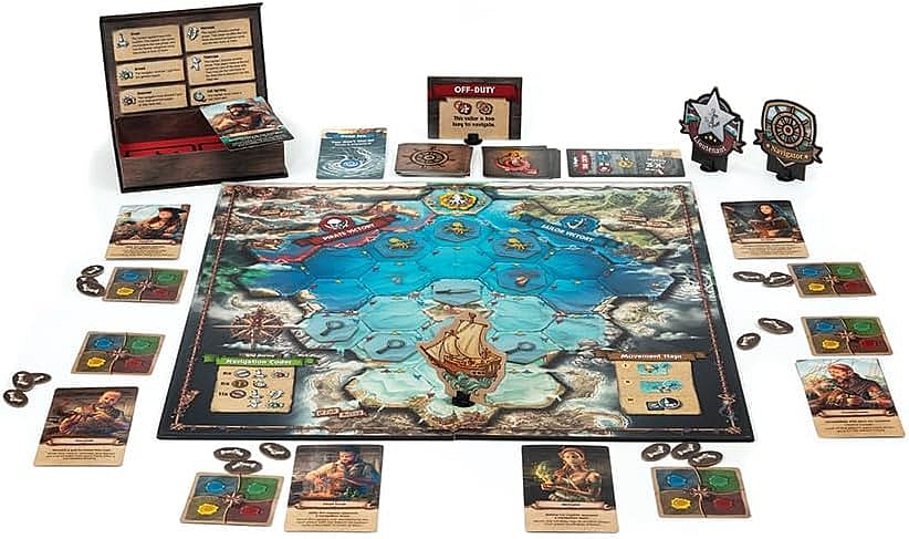 Feed the Kraken game board setup with cards, tokens, characters, and more, product photo