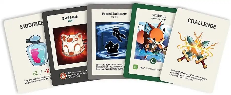 Here to Slay card game item, magic, challenge, modifier, and hero cards