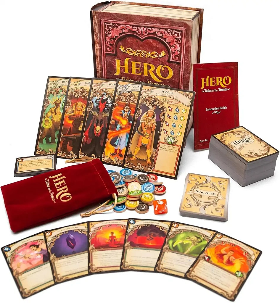 Hero: Tales of the Tomes game components including player cards, deeck, hero chips, mana cards, and game box
