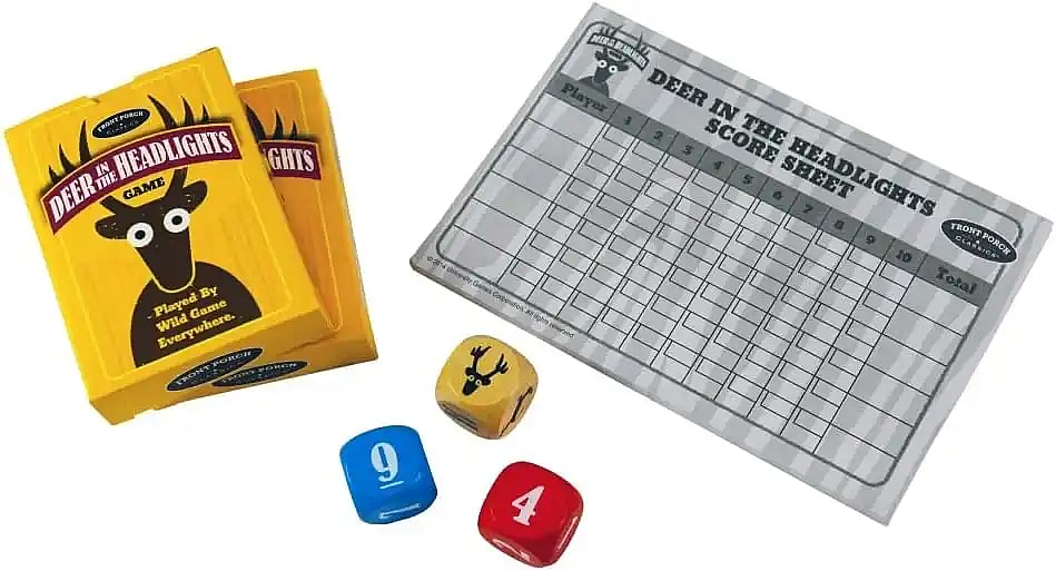 Deer in the Headlights game components, including game box, deer dice, and scoresheet