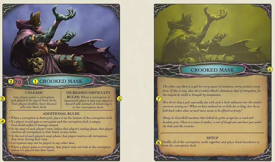 A side-by-side photograph showing the front and back of the Crooked Mask Nemesis mat from the board game Aeon's End. The left side (front) features a large illustration of the monster, its name, and key combat stats (Health 70). It lists the UNLEASH effect, INCREASED DIFFICULTY rules, and a section for ADDITIONAL RULES. The right side (back) features more flavor text about the Crooked Mask and the SETUP instructions for starting the game with this Nemesis.