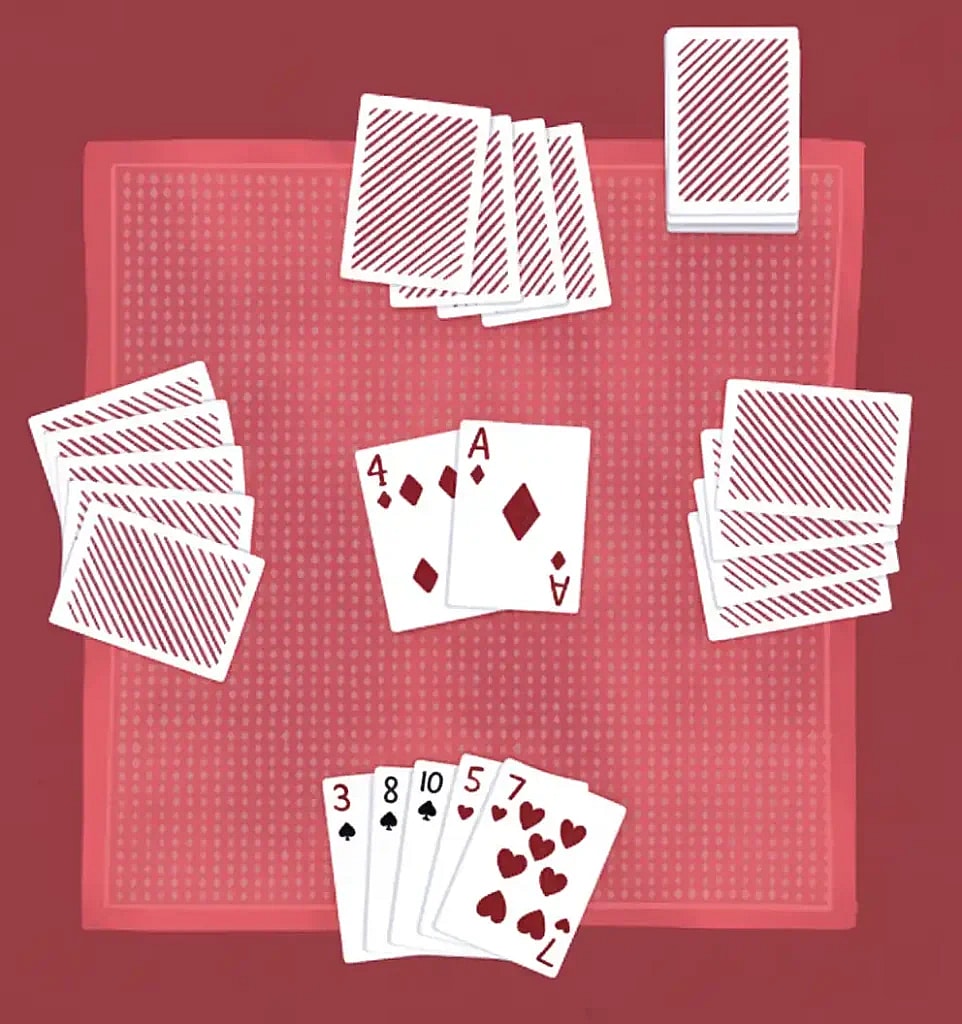 An illustration of four hands of playing Trumps card game arranged in a circle on a red-toned surface with a subtle dot pattern. In the center, two face-up cards—the Ace of Diamonds and the 4 of Diamonds—are visible. The other four hands of cards are face-down, with each hand having a different number of cards.