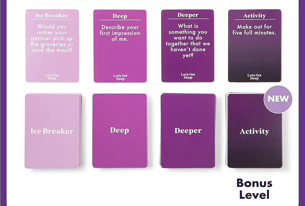 A collection of cards from the "Let's Get Deep" game, showing four question types: Ice Breaker, Deep, Deeper, and Activity (labeled "Bonus Level NEW" at the bottom right).