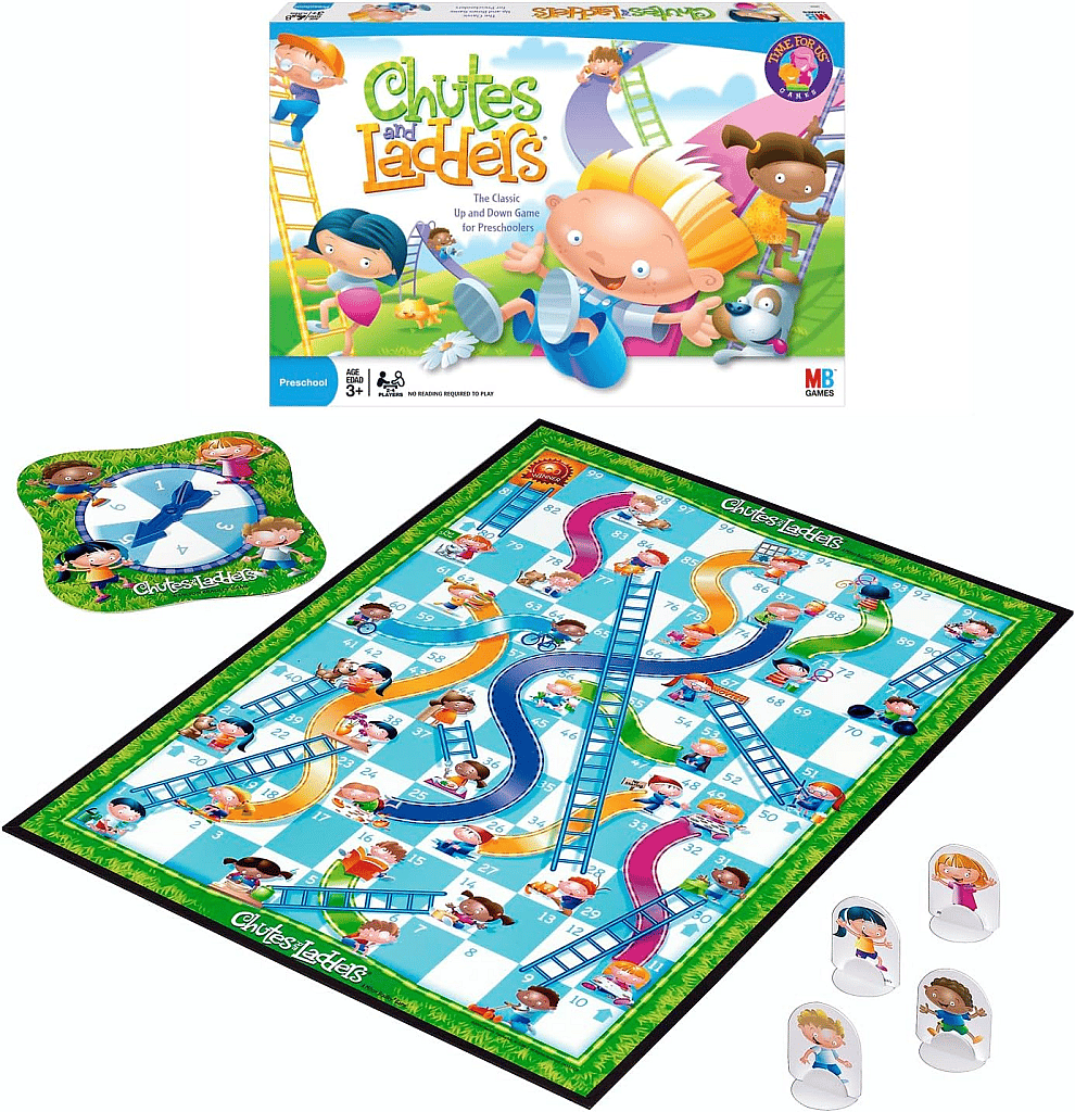 Chutes and Ladders kids board game setup with player tokens, game board, spinner, and game box